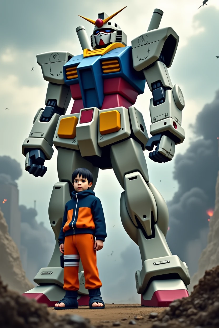 Draw a realistic an cinematic potrait of gundam character beside on naruto uzuzumaki, war background and effect