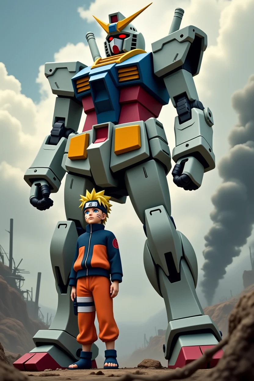 Draw a realistic an cinematic potrait of gundam character beside on naruto uzuzumaki, war background and effect