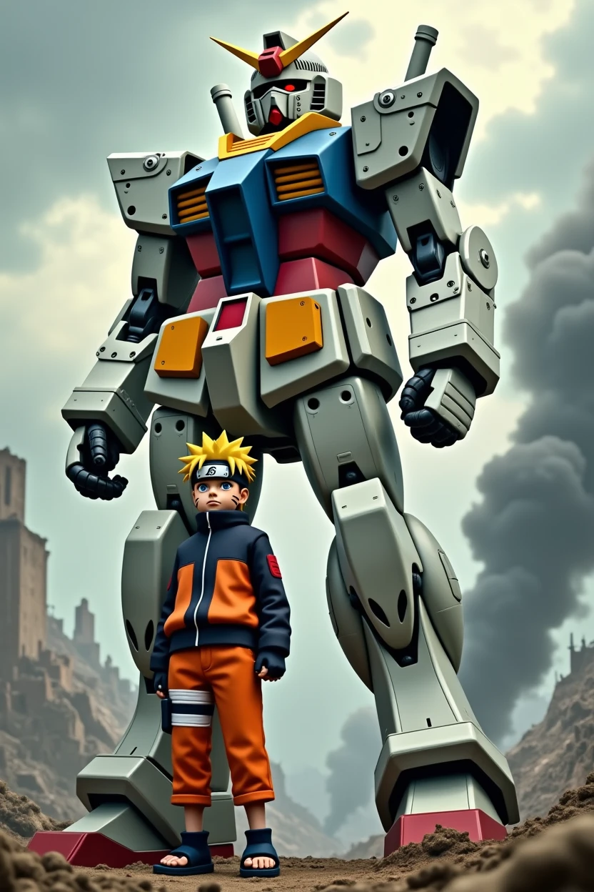 Draw a realistic  an cinematic potrait of  gundam character beside on naruto uzuzumaki, war background and effect