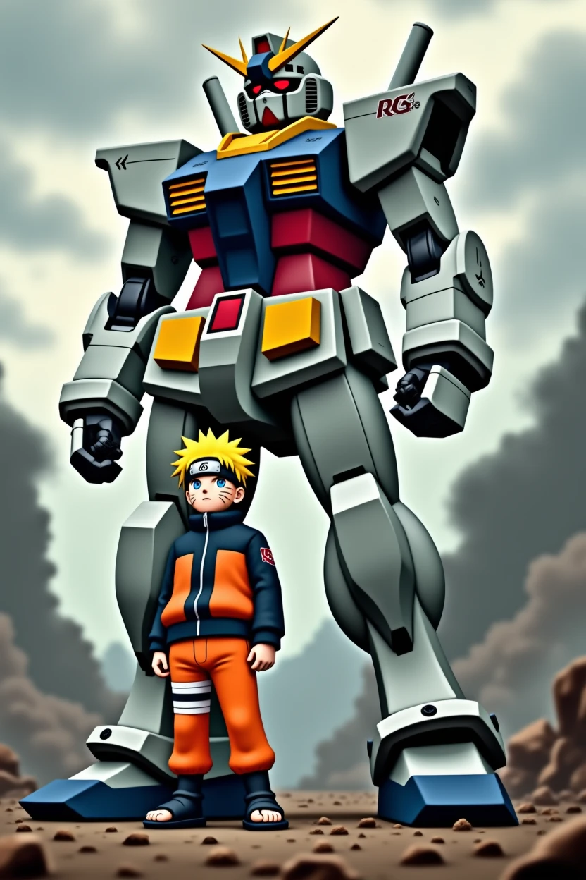 Draw a realistic an cinematic potrait of gundam character beside on naruto uzuzumaki, war background and effect