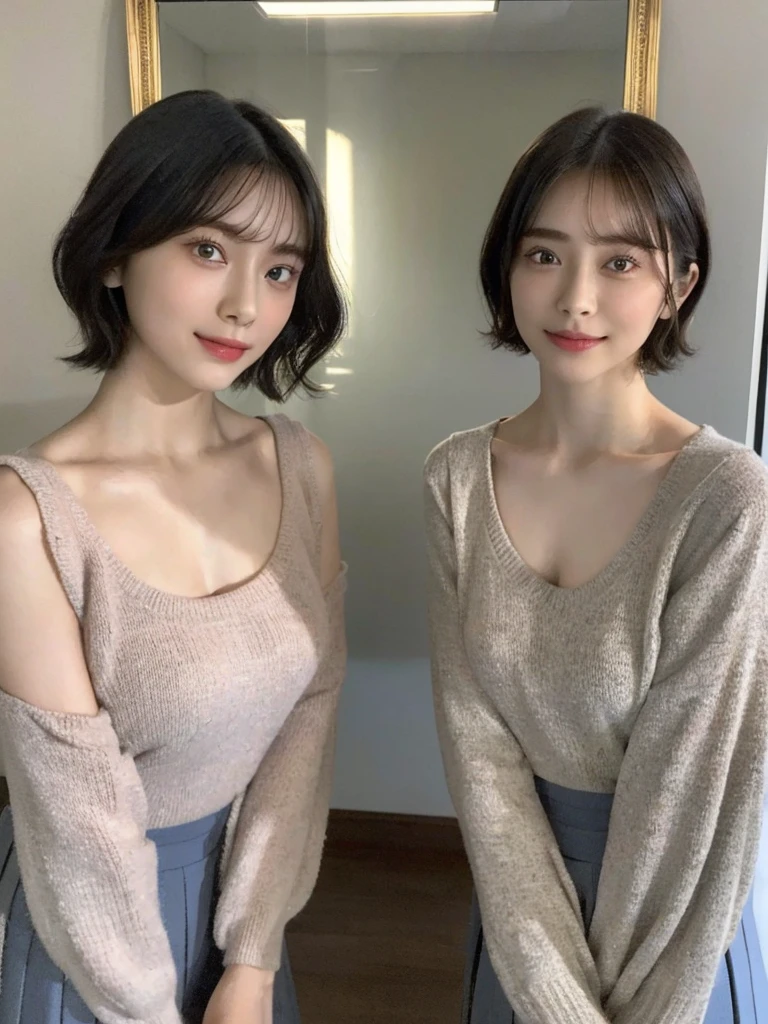 (masterpiece:1.3), (8k, Photoreal, Raw photo, best image quality: 1.4), Japanese high school girl、(random hairstyle:1.2)、cleavage:1.5、super detail face、eye for details、double eyelid、chest to chest、sharp focus:1.2、Beautiful woman:1.4、light brown hair、highest quality、masterpiece、超A high resolution、(Photoreal:1.4)、Highly detailed and professionally lit smiles、loose and light knitwear、shoulder out、thin、serious expression、short haired、deadly position
similar identical twins
All the girls have the exact same face, The two have the same face and figure, as if they were mirror images.