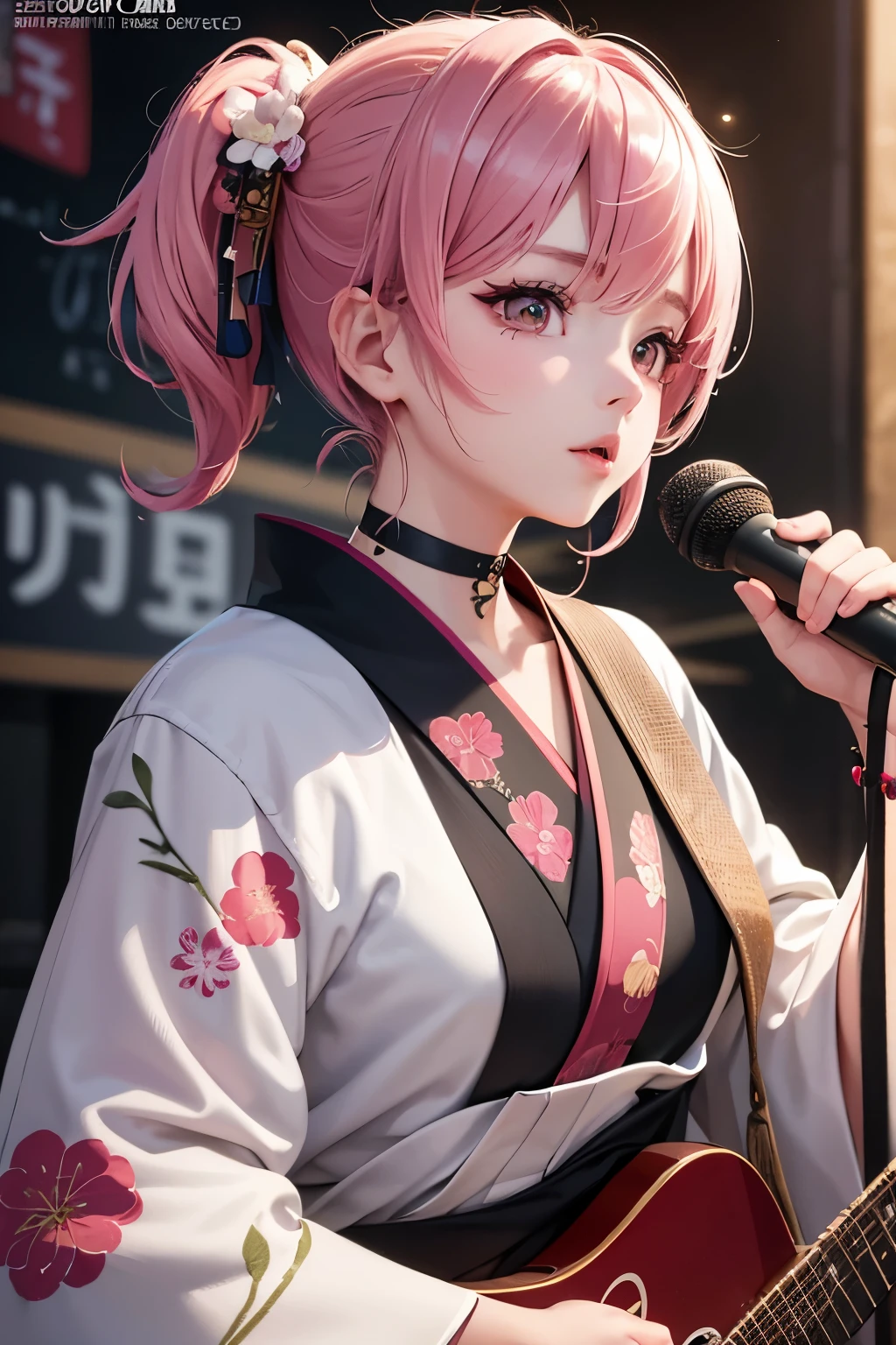 masterpiece, best quality, very detailed, high resolution, expensive resolution, high resolution, 4K, 8k, Unity 8k wallpaper, highly detailed CG, masterpiece, 2D, 3D, beautiful details, depth, fine texture, best quality: 1.3, perfect focus, crispy skin, he,
Very cute anime girl, girl playing guitar vocals in a band wearing a Japanese fancy floral haori hakama, on outdoor stage, full body, expensive pink and black short twin tail hair, mole under eye, looking at the viewer, expensive, blush, mole, lips open, , heart choker, pink eyes, guitar vocals, stage