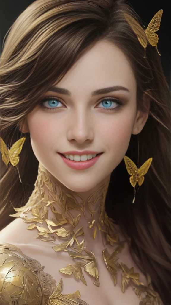 8k portrait of beautiful cyborg with brown hair, professional model smiling for the camera, intricate, elegant, highly detailed, majestic, digital photography, art by artgerm and ruan jia and greg rutkowski surreal painting gold butterfly filigree, broken glass, (masterpiece, sidelighting, finely detailed beautiful eyes: 1.2), hdr.