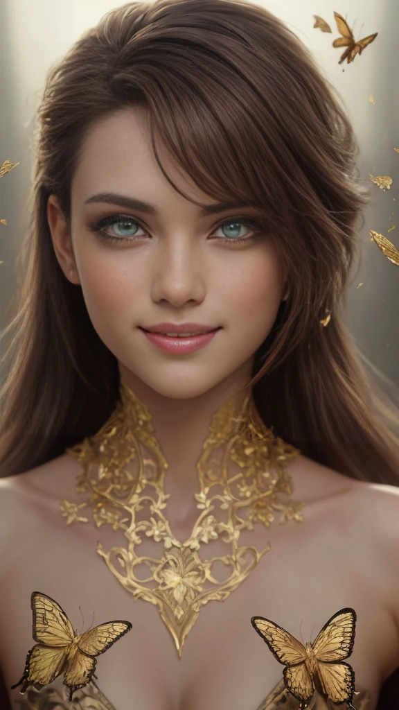 (best quality,8k,highres,masterpiece:1.2), ultra-detailed, realistic:1.37, cybernetic portrait with beautiful brown hair, intricate, elegant, majestic, digital photograph, artwork: Altaïr Jam, Luang Jia, and Greg Lutkowski, surreal painting, delicate golden butterfly filigree, shattered glass, human development report