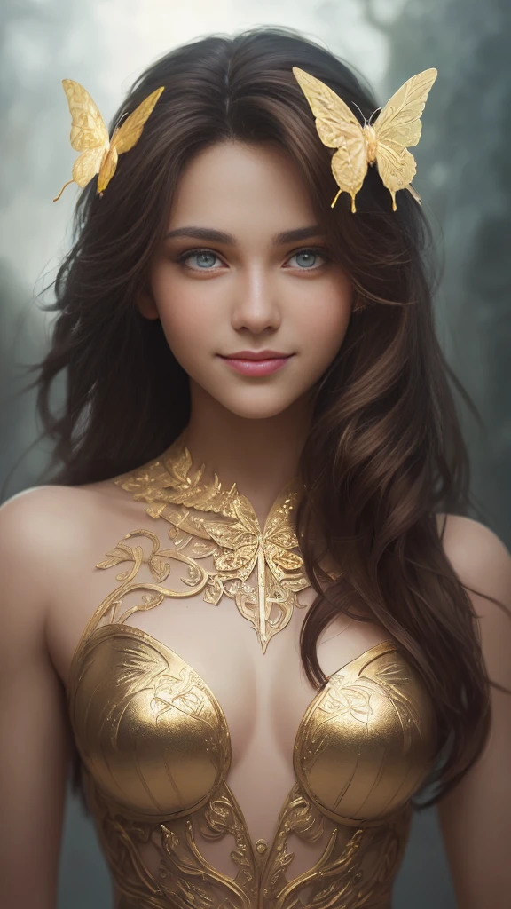 8k portrait of beautiful cyborg with brown hair, professional model smiling for the camera, intricate, elegant, highly detailed, majestic, digital photography, art by artgerm and ruan jia and greg rutkowski surreal painting gold butterfly filigree, broken glass, (masterpiece, sidelighting, finely detailed beautiful eyes: 1.2), hdr.