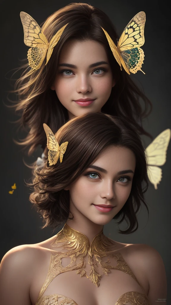 8k portrait of beautiful young woman with brown hair, intricate bra, elegant, highly detailed, majestic, digital photography, art by artgerm ruan jia and greg rutkowski surreal wet paint gold butterfly filigree, broken glass