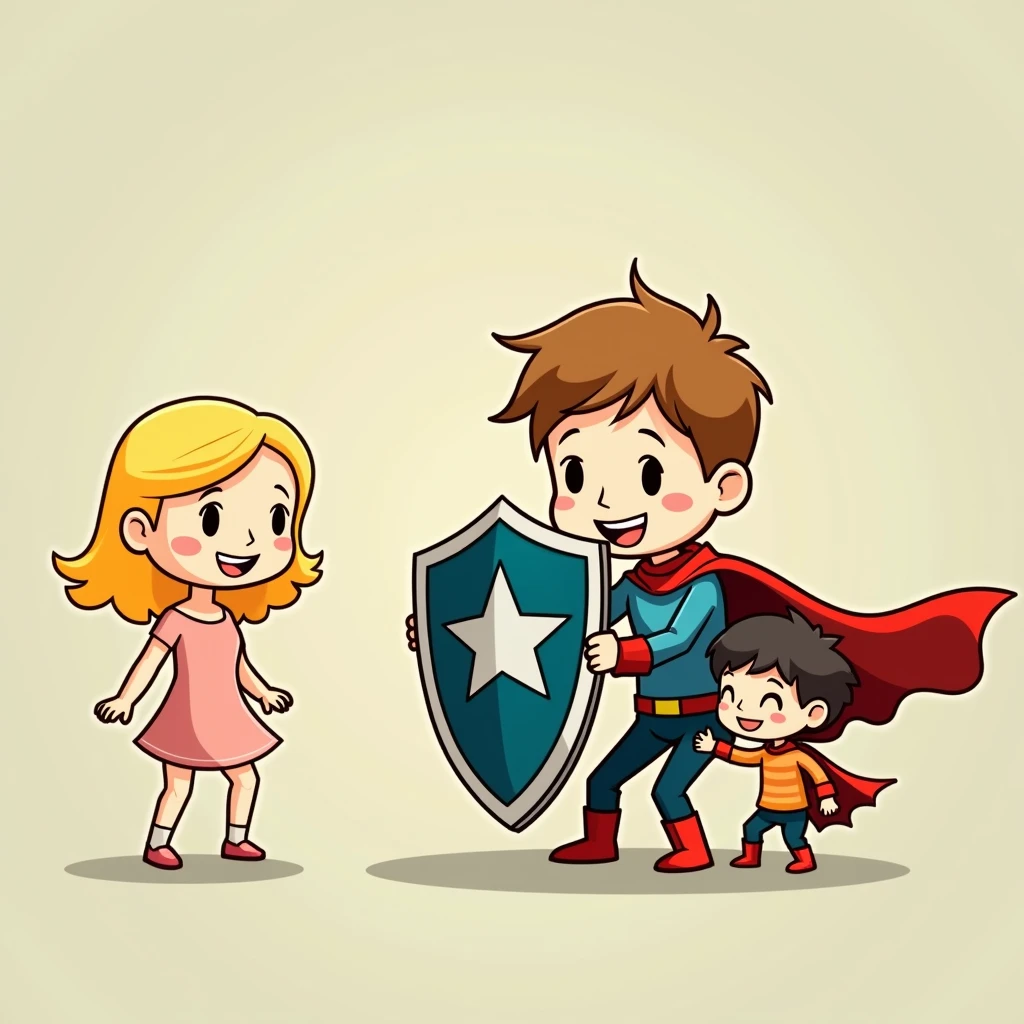 Two  boys holding a shield together，Shield against mature sexy woman doll，Simple comic style、Bright colors，