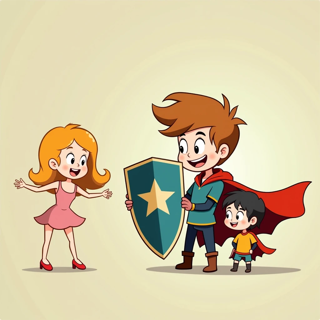 Two little kids boys holding a shield together，Shield against mature sexy woman doll，Simple comic style、Bright colors，