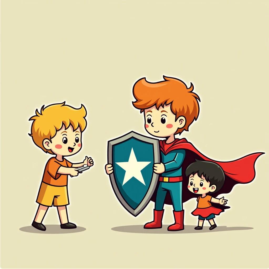 Two little kids boys holding a shield together,Shield against mature sexy woman doll,Simple comic style、Bright colors,