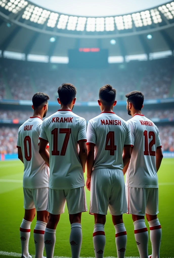 Photo of soccer players standing with name kramik,ajay,manish,amrit in their back of shirt in soccer stadium with madrid shirt with football