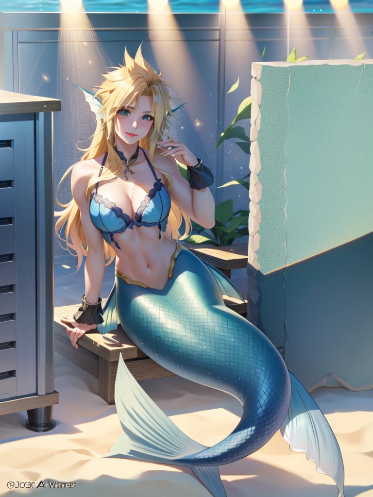cloud strife, 1 mermaid, blonde hair, long hair, wavy hair, blue eyes, red lips, smile, blush, large breasts, bra, underwater, green mermaid, mermaid tail,