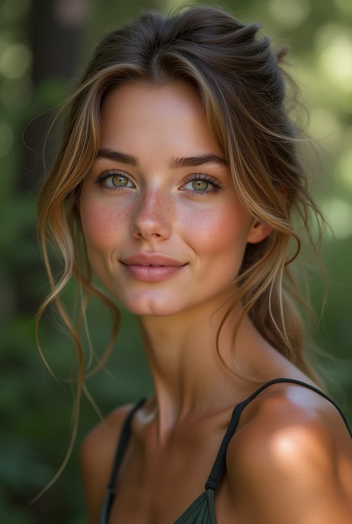Create a super realistic portrait of a 27-year-old woman with Polish features. She has a natural beauty with a soft, glowing complexion and gentle, expressive eyes. Her face reflects intelligence and a deep connection to nature. Her light brown hair is slightly tousled, as if she has just returned from an outdoor adventure. She has a calm and content expression, hinting at her love for a simple life filled with nature and animals. She exudes an aura of peace and simplicity, embodying her passion for fishing and horseback riding. The background subtly hints at a serene outdoor setting, perhaps with soft greenery or hints of a forest, enhancing her connection to nature.