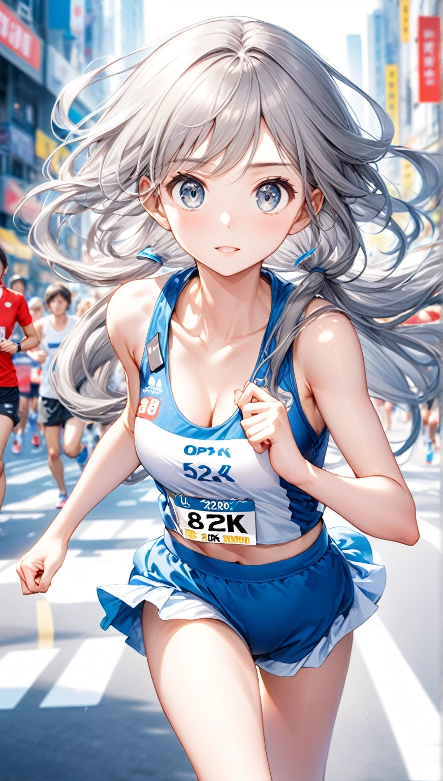 (Highest quality,8k,32K,masterpiece,Ultra-high resolution :1.2 ),born,One girl,Super cute,Natural light,Clear, shining eyes,20-year-old,Fair skin,marathon tournament electronic world fantasy background,Gray-haired hair,running,marathon,Bib number,Long Hair,C cup breasts