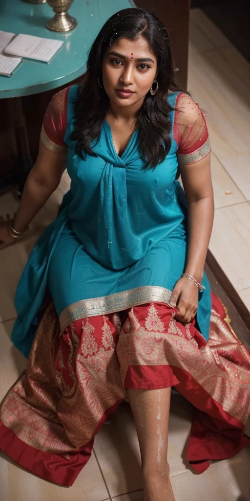 Day scene, full body photo of a plus sized 45 year old indian with a man from top view, (Masterpiece, Best Quality, High Resolution), office Background, (cum Splash on her breasts and nipples, cum Splash on her face, Splash of cum, cum Splash on her blouse, cum Splash on her eys), Sweet 25 year old South indian women sitting on her knees in a crowded party hall with a man, hour glass body red lips, silver colour silky gown, lightly makeup,ultra realistic, realistic, look at viewer (cinematic:1.3), intricate details,