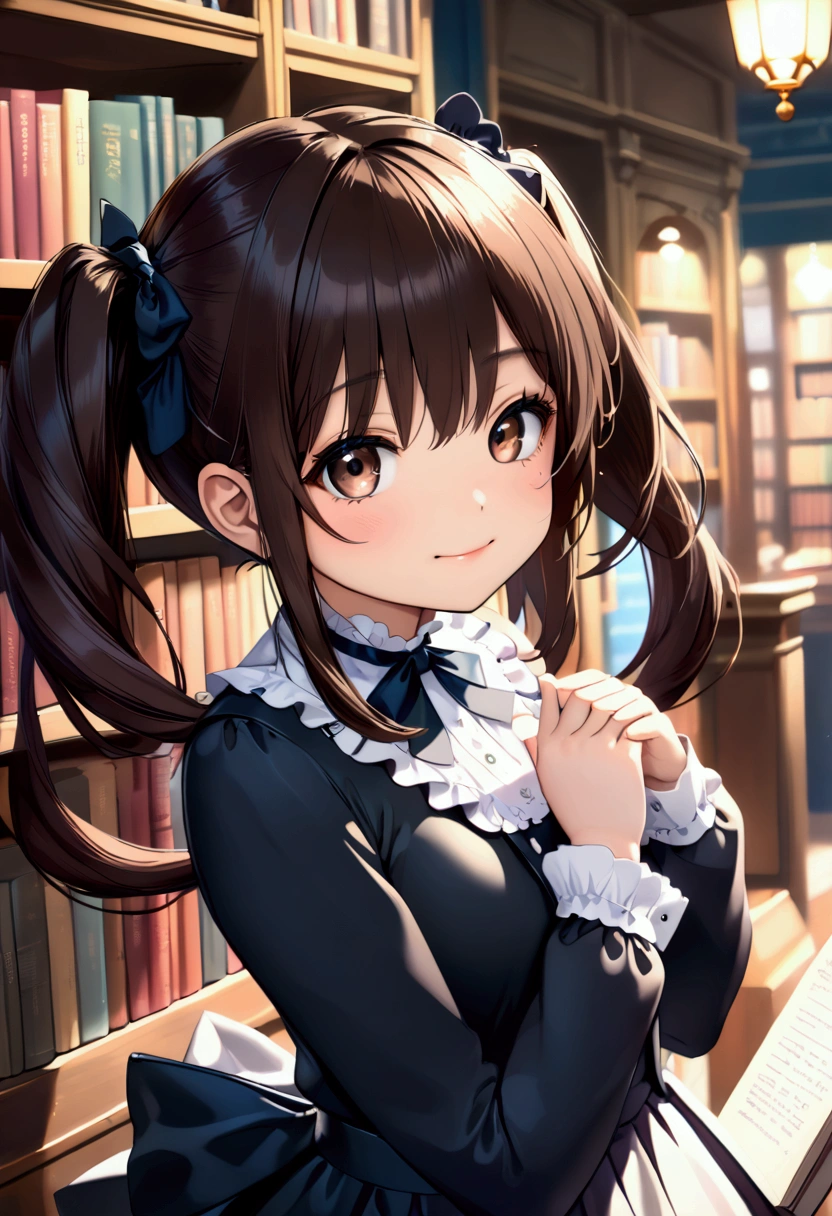 (nsfw:1.5)((垂れeye)),(((Twin tails))),Dark brown hair,pupil_Black,pupil_big,eye_small,Baby Face,round face,8k wallpaper, (shape:0.8), (Beautiful attention to detail:1.6), Highly detailed face, Perfect lighting, Extremely detailed CG, (Perfect hands, Perfect Anatomy),Gothic Lolita,Her occupation is novelist,bookstore,Bright interior,Her autograph session,There is a queue,It is crowded with many customers.,A happy smile,