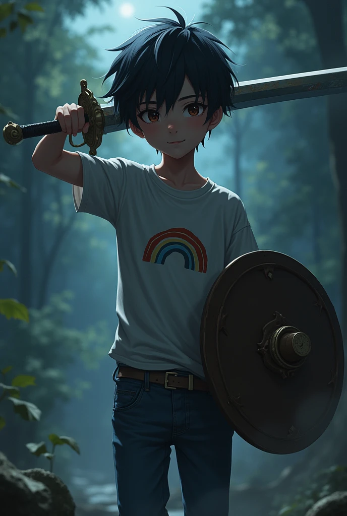 A ((15 year old boy)) with (black hair and dark brown eyes), featuring softly corved nose and lips ))), and a slightly pointed chin dressed in a short with a sleek,((white and subtle, growing rainbow print )) and denim jeans )), excluding a youthful, innocent yet cool vibe. He 's posed confidential in a in hand sword and saving shield photo in night time like horror