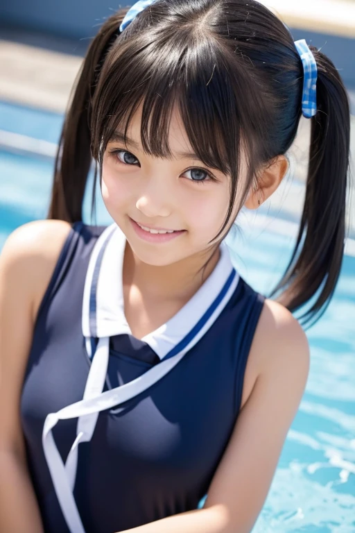 cute, girls, , black hair, twin tails, dark blue school swimsuit, medium bust, smile, shiny skin