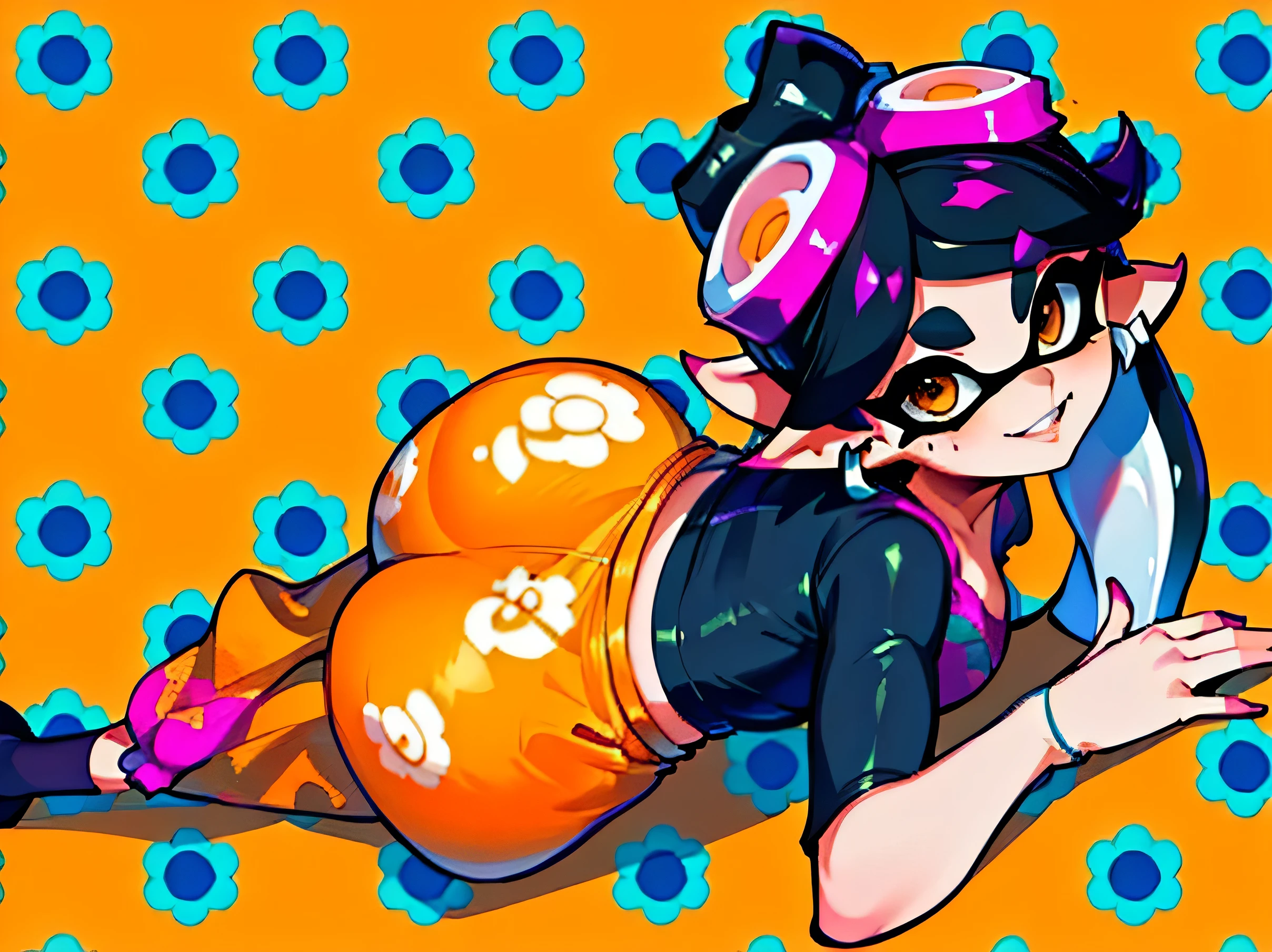 Callie from splatoon, callie  tendida en el suelo.,big booty,orange pijama