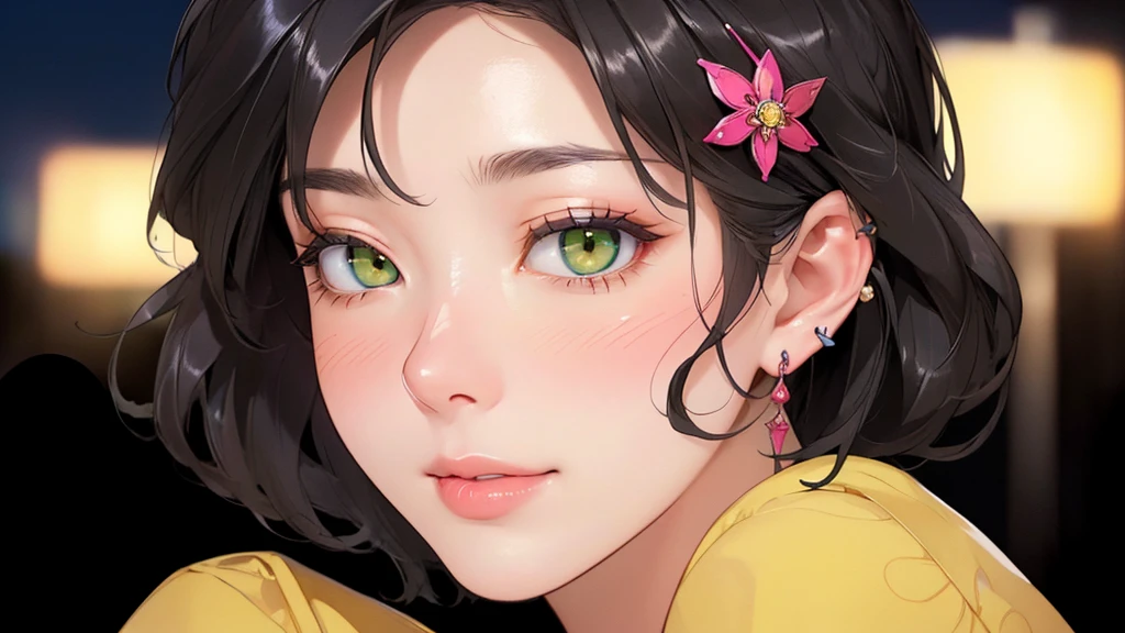 ((((masterpiece, Highest quality, High resolution)))), Extremely detailed 8K, Beautiful girl with a voluptuous body, (Ultra HD, Very detailed, Very detailed, Very realistic, Ultra-realistic, Photo Real), (One girl:1.5), (Realistic black hair), (Short Wavy Hair, hair ornaments, Earrings), (Dynamic pose), To the camera, View your viewers, (Blushing, Embarrassing, Exhausted, smile), (Green Eyes, Sharp eyes), (Huge perky breasts:1.2), (Beautifully detailed face, Beautiful attention to detail), ((キラキラShine黒のシルクスリットドレス)), (detailed pussy), (stand up), Sweat, Shine, (Night Light), ((Cowboy Shot)), Jazz Bar, Fascinating