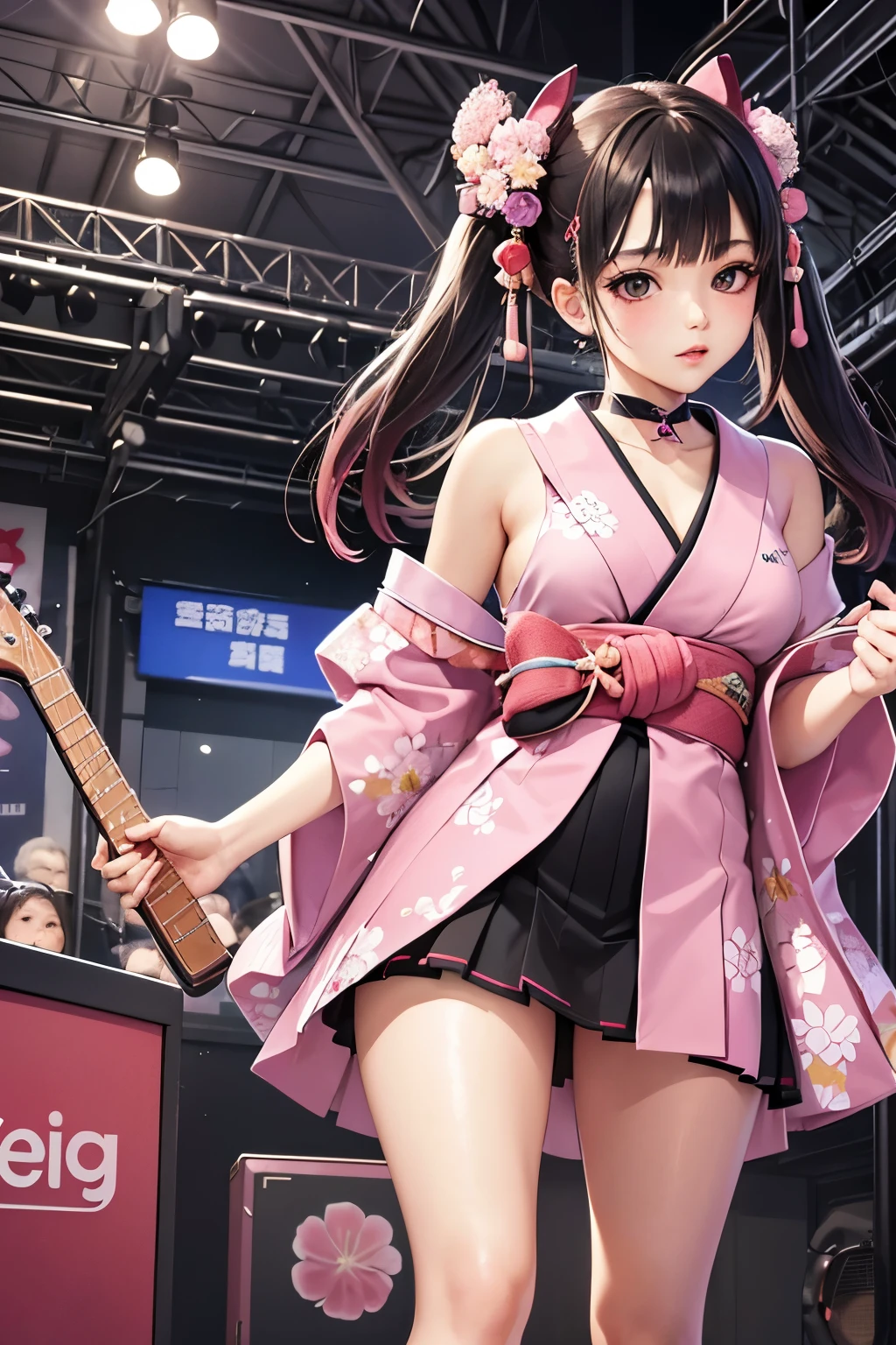 masterpiece, best quality, very detailed, high resolution, expensive resolution, high resolution, 4K, 8k, Unity 8k wallpaper, highly detailed CG, masterpiece, 2D, 3D, beautiful details, depth, fine texture, best quality: 1.3, perfect focus, crispy skin, he,
Very cute anime girl, girl playing guitar vocals in a band wearing a Japanese fancy floral haori hakama, on outdoor stage, full body, expensive pink and black short twin tail hair, mole under eye, looking at the viewer, expensive, blush, mole, lips open, , heart choker, pink eyes, guitar vocals, stage