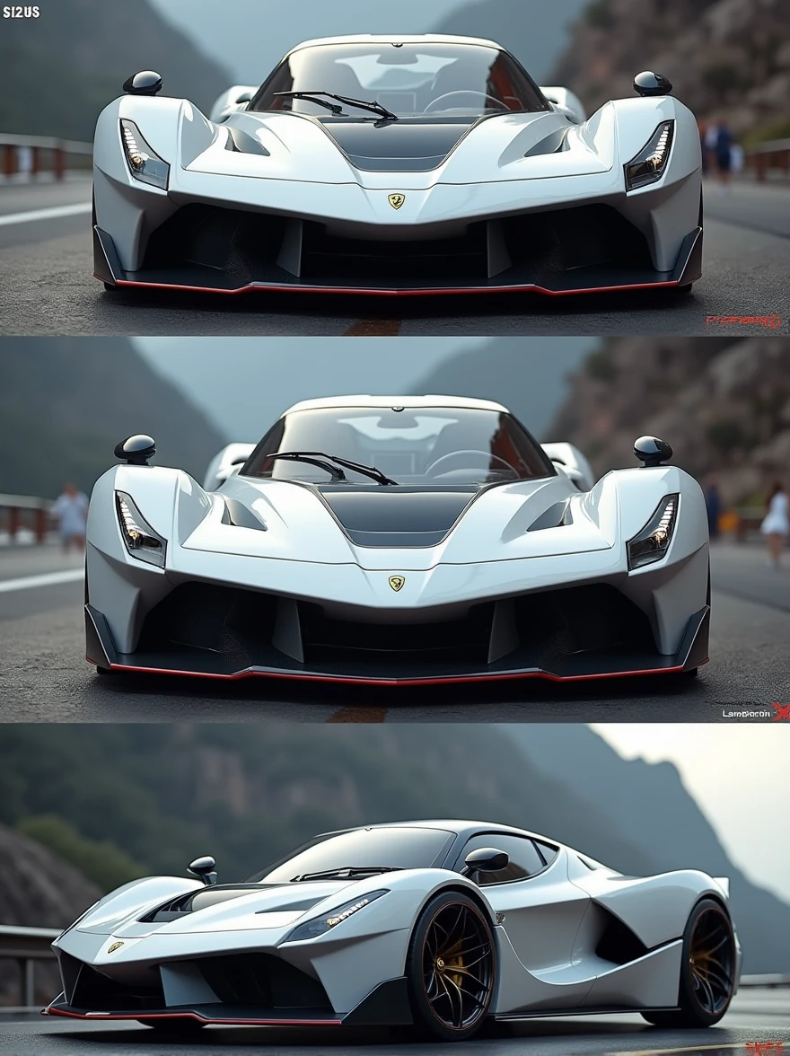 Draw a fusion of White Ferrari F-40 and White Lamborghini Countach in 3 frames:
- Front view
- Side view
- Rear view realistic