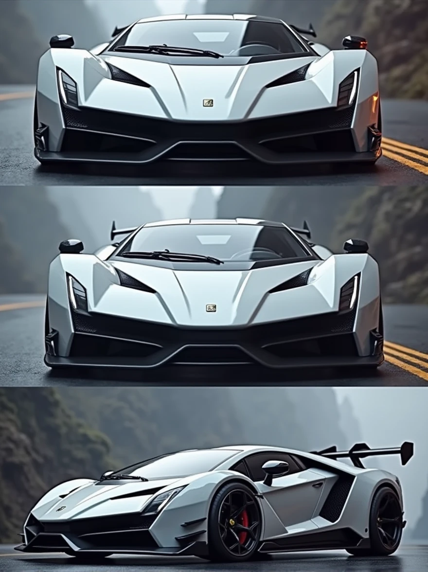 Draw a fusion of White Ferrari F-40 and White Lamborghini Countach in 3 frames:
- Front view
- Side view
- Rear view  realistic