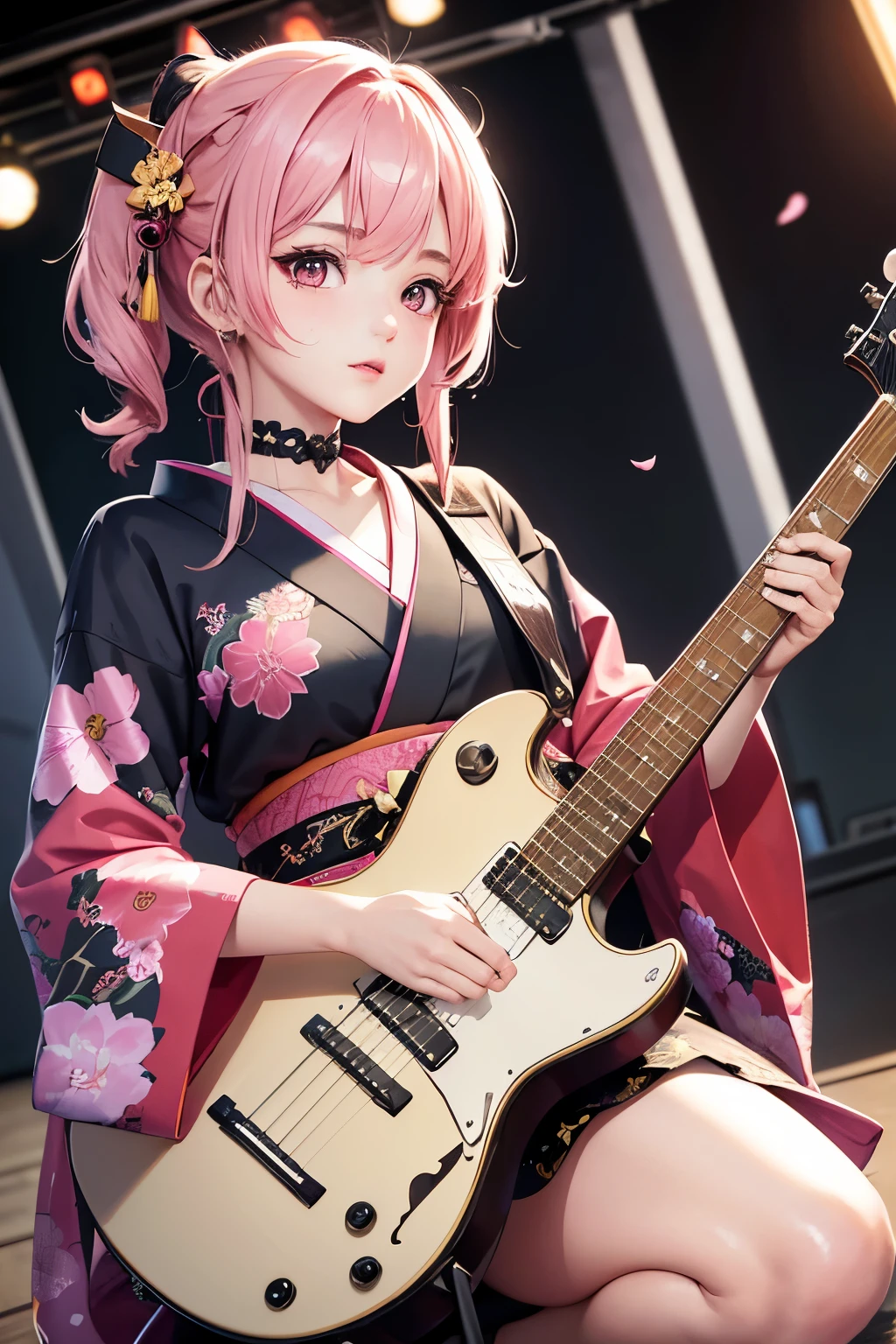 masterpiece, best quality, very detailed, high resolution, expensive resolution, high resolution, 4K, 8k, Unity 8k wallpaper, highly detailed CG, masterpiece, 2D, 3D, beautiful details, depth, fine texture, best quality: 1.3, perfect focus, crispy skin, he,
Very cute anime girl, girl playing guitar vocals in a band wearing a Japanese fancy floral haori hakama, on outdoor stage, full body, expensive pink and black short twin tail hair, mole under eye, looking at the viewer, expensive, blush, mole, lips open, , heart choker, pink eyes, guitar vocals, stage