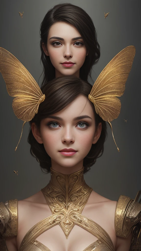 8k portrait of beautiful cyborg with brown hair, professional model smiling for the camera, intricate, elegant, highly detailed, majestic, digital photography, art by artgerm and ruan jia and greg rutkowski surreal painting gold butterfly filigree, broken glass, (masterpiece, sidelighting, finely detailed beautiful eyes: 1.2), hdr.