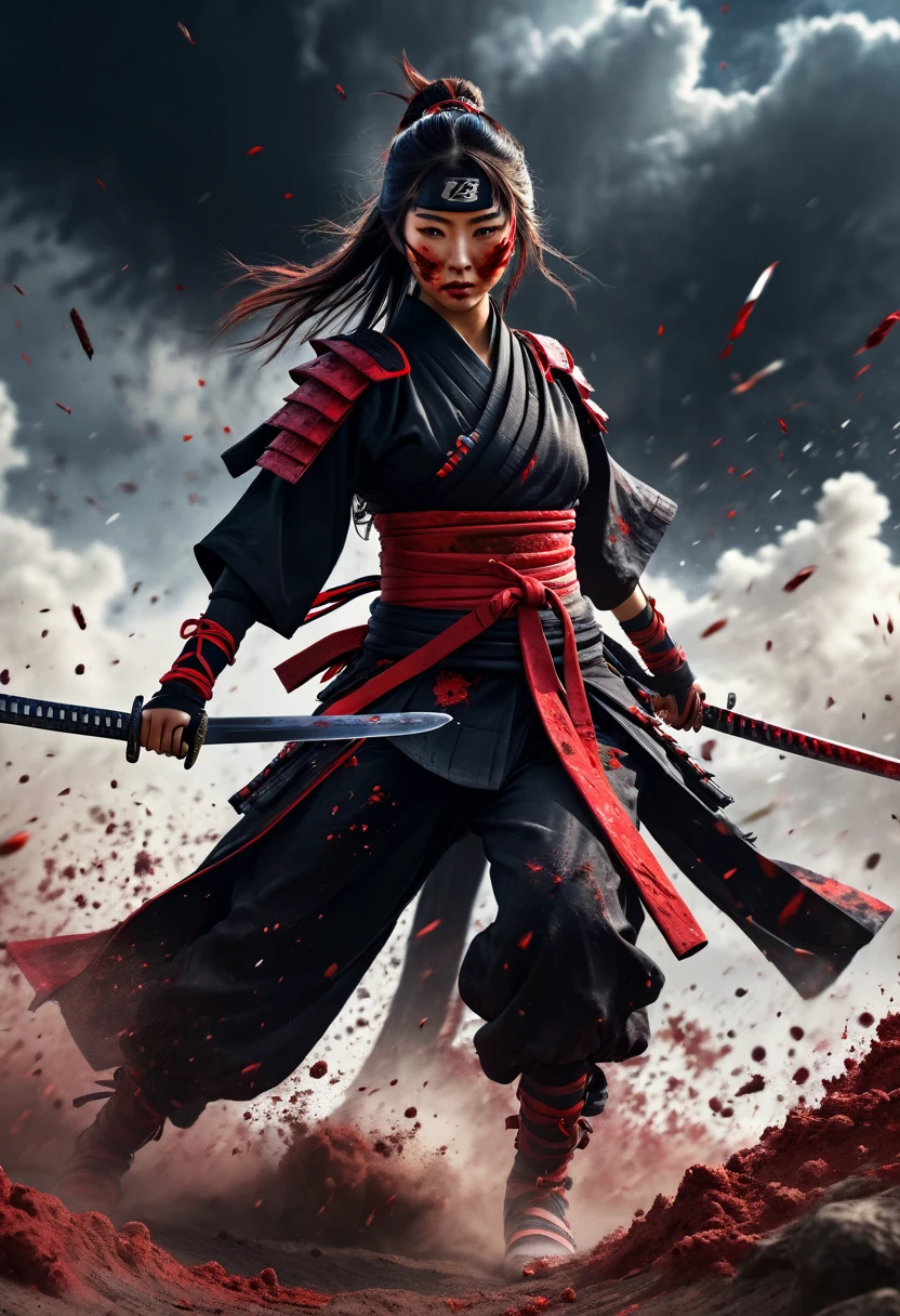 a beautiful japanese woman in ninja outfit,1girl,proud,victory celebration,bloody outfit,bloody sword,corpses scattered,cinematic,wind,dust,cloud,full body view,wide-angle photo,digital painting,highly detailed,intricate details,hyper realistic,vibrant colors,dramatic lighting,moody atmosphere,photorealistic,8k,masterpiece