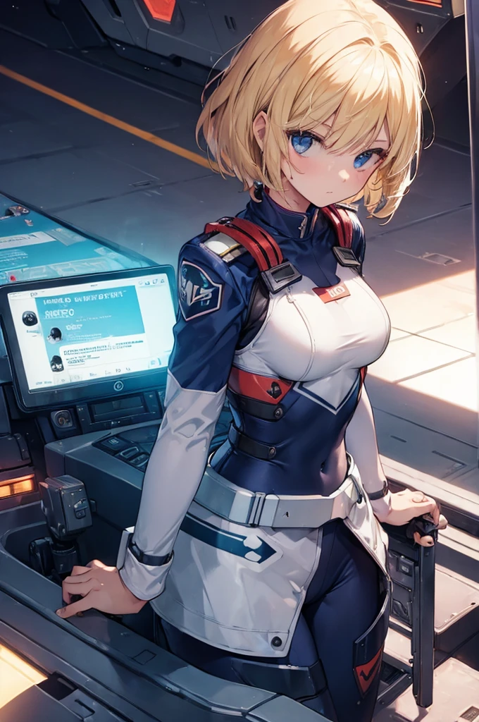 (((hero suit))), girl, solo, blond, short cut, breast, cockpit