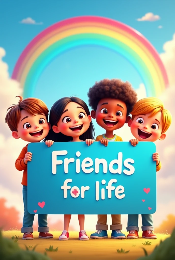 Animated picture of 4 kids smiling and holding a sky blue board with text "Friends for life" and showing it to the viewer with the rainbow in background