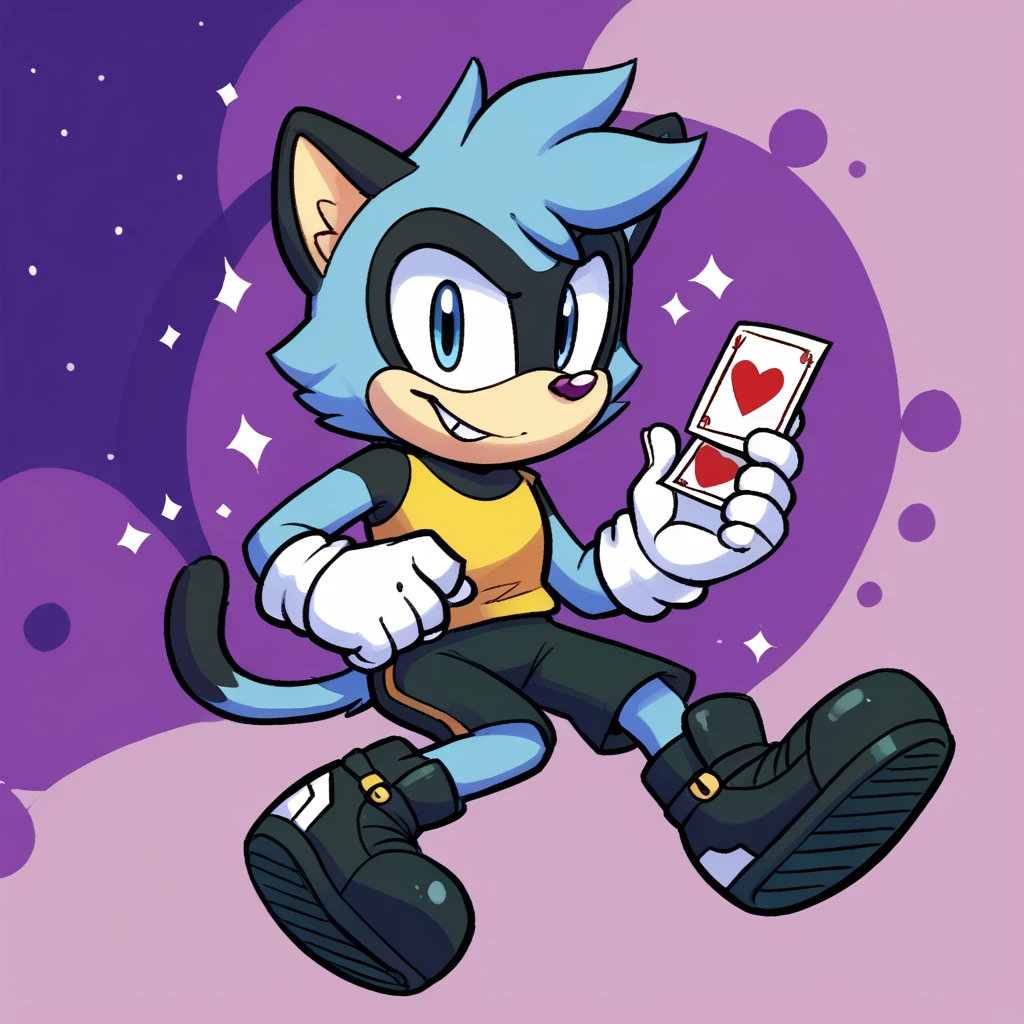 Custom avatar, Glitchy the Cat character, wearing black shorts, in the cyberspace, abstract, backround, sitting down on crossed legs, playing a game of cards, someone holding his leg,