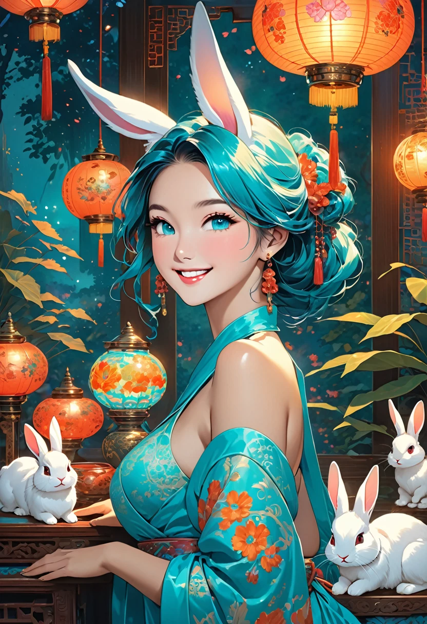 masterpiece, best quality, novel illustration, highres, romantic fantasy, exotic, oriental, furry rabbit, kekkonu, adventurous heroine, smiling, joyful, enchanting, turquoise lamps, gorgeous lamps, magical world, sensuality, eroticism, captivating, alluring, beautiful, sensuous, pleasurable, intoxicating, exquisite, ravishing, divine, bewitching, beguiling, mesmerizing, captivating.