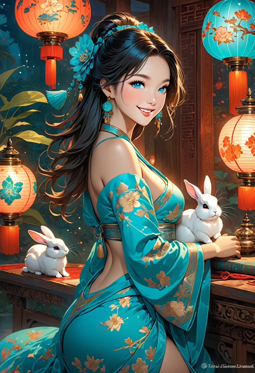 masterpiece, best quality, novel illustration, highres, romantic fantasy, exotic, oriental, furry rabbit, kekkonu, adventurous heroine, smiling, joyful, enchanting, turquoise lamps, gorgeous lamps, magical world, sensuality, eroticism, captivating, alluring, beautiful, sensuous, pleasurable, intoxicating, exquisite, ravishing, divine, bewitching, beguiling, mesmerizing, captivating.