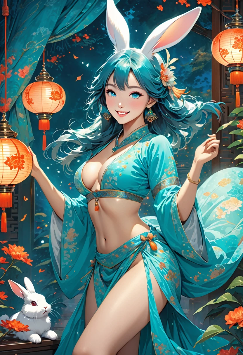 masterpiece, best quality, novel illustration, highres, romantic fantasy, exotic, oriental, furry rabbit, kekkonu, adventurous heroine, smiling, joyful, enchanting, turquoise lamps, gorgeous lamps, magical world, sensuality, eroticism, captivating, alluring, beautiful, sensuous, pleasurable, intoxicating, exquisite, ravishing, divine, bewitching, beguiling, mesmerizing, captivating.