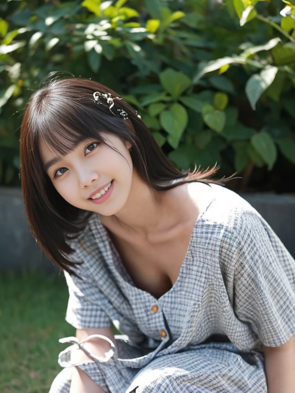 (western woman, Eyes realistic size, Droopy eyes, Round face), ((Button removed々Patterned casual dress, Old Fashion)), Thighs, Small breasts, (Focus on the nipples, pubic hair), Corner gate of the park, smile, Open your mouth, the wind is strong, Strong sunlight, move, a place where many people pass, Backlit lens flare, Leaning forward,