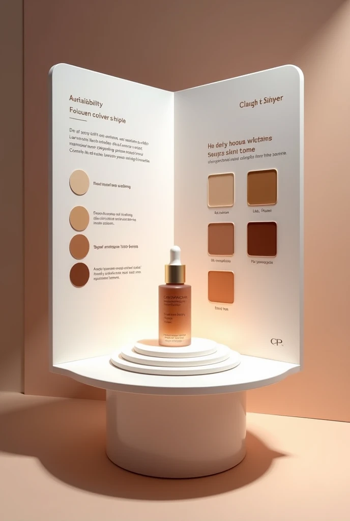 A sleek, interactive board or a rotating stand with sample swatches. The Tinted serum can be highlighted in the center with informational text explaining its customizable nature.
A display featuring a range of skin tone swatches or color gradients that visually represent how the serum adapts to different tones.