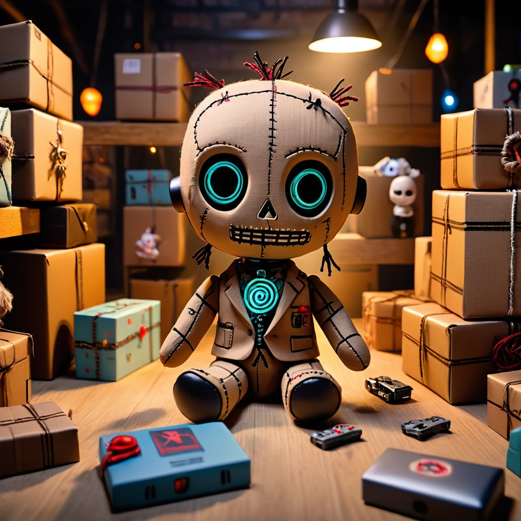 (knitted toy voodoo doll:1.8)
(Voodoo Jeff Bezos:1.3)
(Clothing: tattered business attire with mystical symbols:1.0)
(Accessories: miniature glowing delivery drones, tiny floating packages, small enchanted shipping boxes:1.2)
(background: eerie warehouse with flickering lights, drones buzzing on their own, and an ethereal mist hovering over conveyor belts:1.2), best quality, masterpiece, detailed soft oil painting, detailed background, dramatic cinematic lighting, soft edge lighting, professional, dramatic lighting, hard edge lighting, ultra quality, 4k,masterpiece, best quality, 8k, ultra highres, highres, extremely detailed