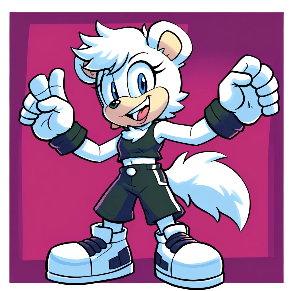 Custom avatar, Augustus the Polar bear character, wearing black shorts, in the cyberspace￼, cgi backround, doing a dyamic pose, someone holding his leg, 