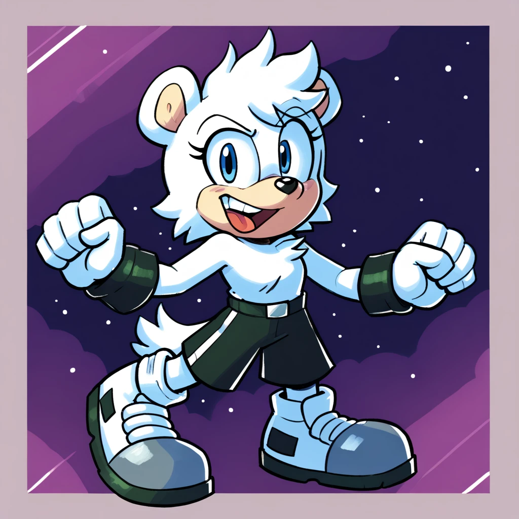 Custom avatar, Augustus the Polar bear character, wearing black shorts, in the cyberspace, cgi backround, doing a dyamic pose, someone holding his leg,