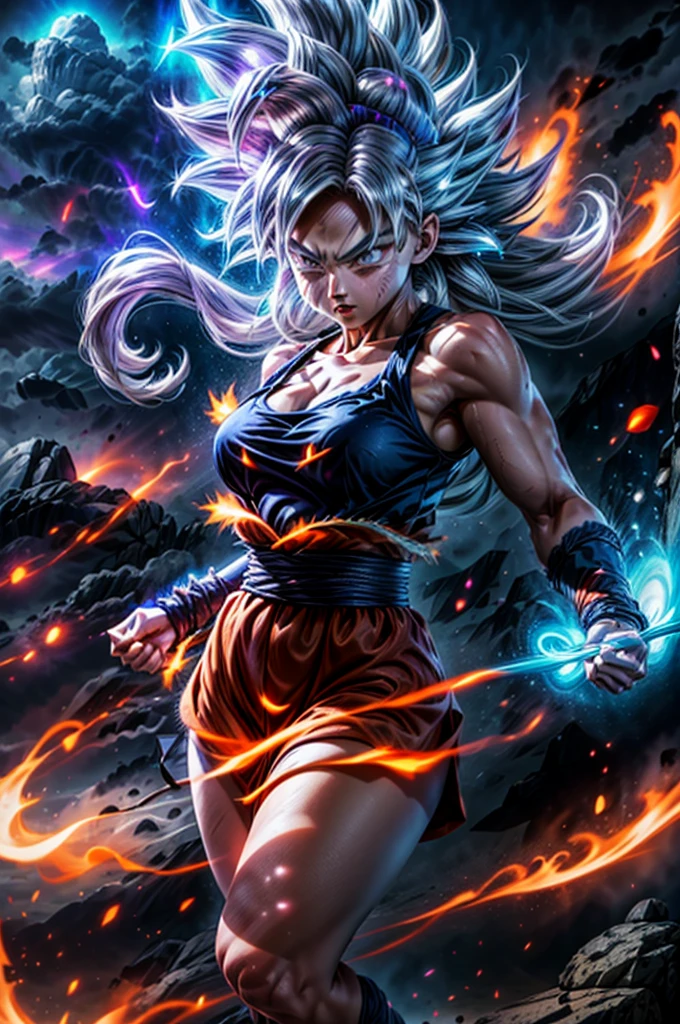 8k, Best Quality, masterpiece, woman dressed as Goku, 1 girl, ultra_instinct, white_hair, glowing aura, bright white long hair, floating hair raised, bright silver eyes, slim with wide hips, serious mocking expression. outdoor, clearing, plain, desert.