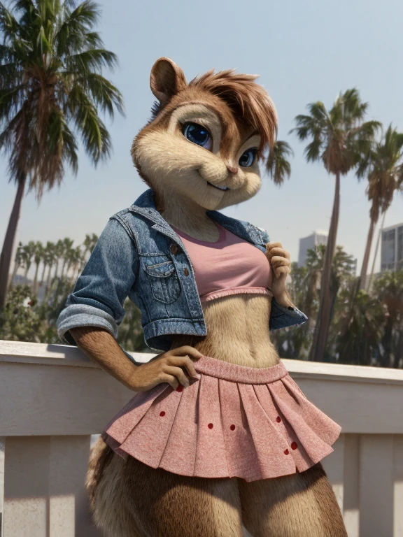 score_9, score_8_up, score_7, score_6 ,Santa Monica, brittany miller, chipmunk, furry, short ears, light pink shirt top, jean jacket, pink skirt with black polka dots, looking at viewer, 6 inches tall,