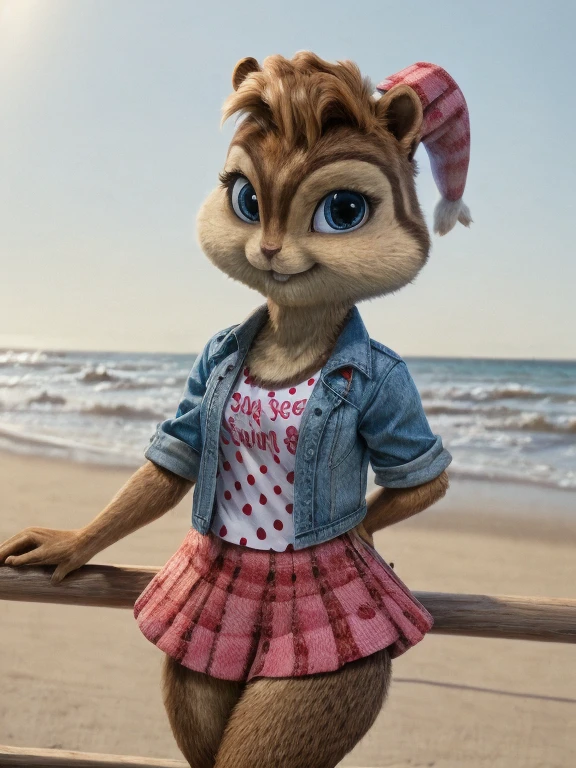 score_9, score_8_up, score_7, score_6 ,Santa Monica, brittany miller, chipmunk, furry, short ears, light pink shirt top, jean jacket, pink skirt with black polka dots, looking at viewer, 6 inches tall,