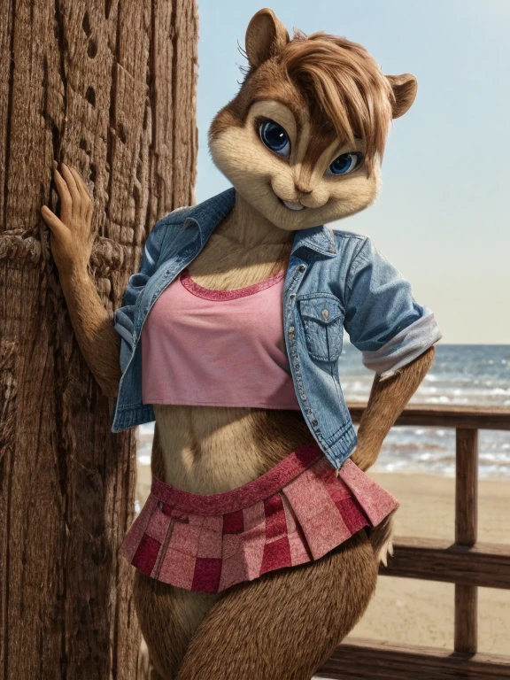score_9, score_8_up, score_7, score_6 ,Santa Monica, brittany miller, chipmunk, furry, short ears, light pink shirt top, jean jacket, pink skirt with black polka dots, looking at viewer, 6 inches tall,