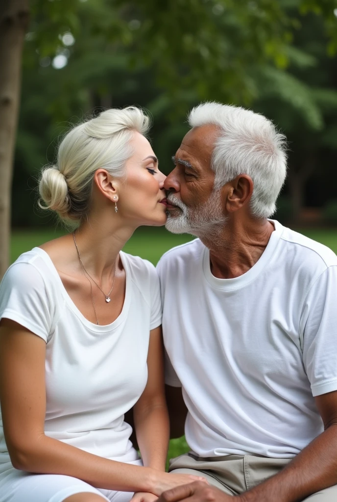 a 25 year old Indiab woman wearing a white buister is kissing a grandfather wearing a white t-shirt, shorts, sitting