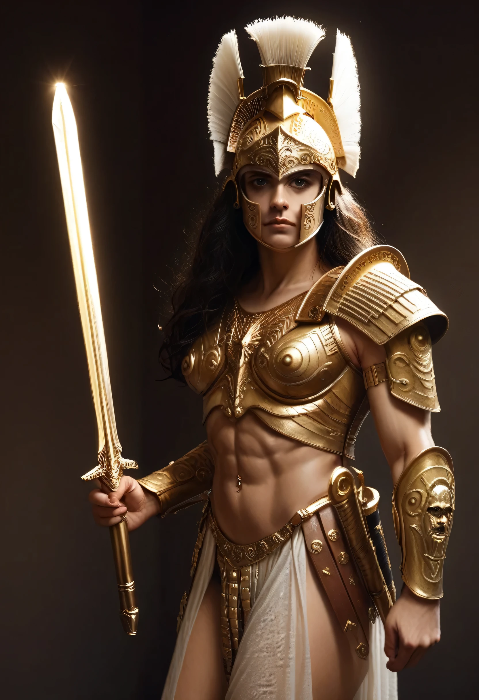 beautiful muscular antique greek spartan warrior girl, detailed face with piercing eyes, flowing dark hair, wearing ornate spartan helmet with ornate gold and bronze details, wearing detailed spartan battle armor with intricate gold and bronze designs, holding a golden sword, dramatic lighting, cinematic angle, highly detailed, photorealistic, 8k, masterpiece