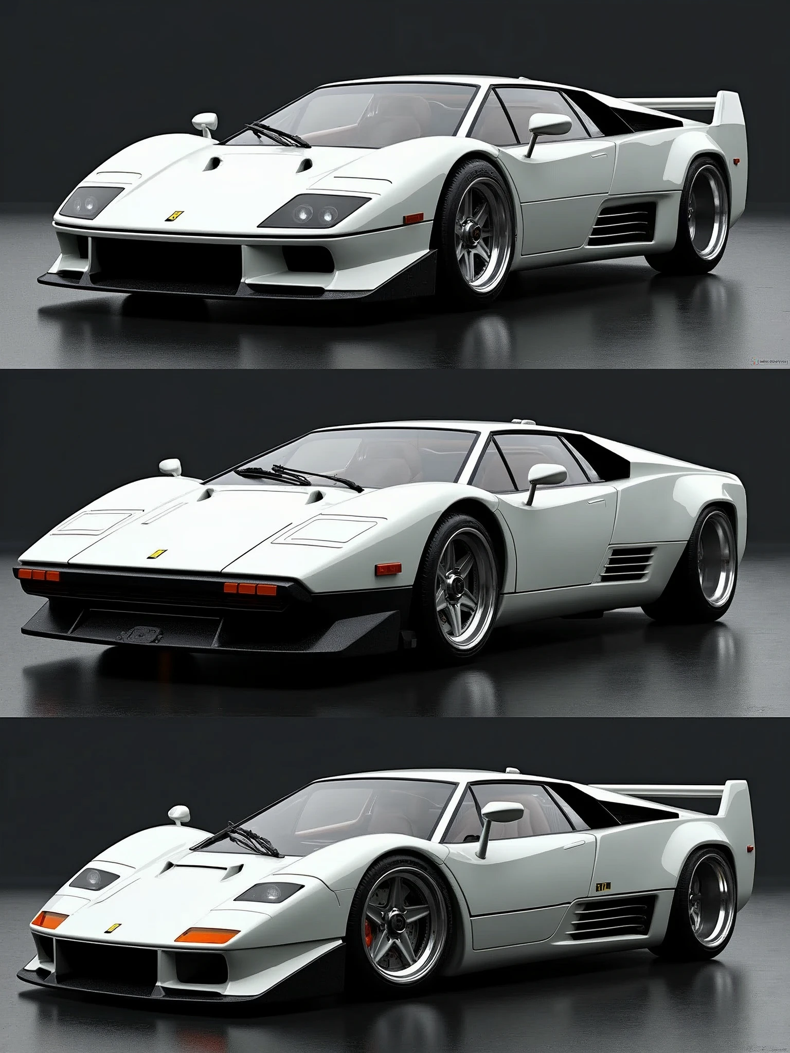 Draw a fusion of White Ferrari F-40 and White Lamborghini Countach in 3 frames:
- Front view
- Side view
- Rear view realistic