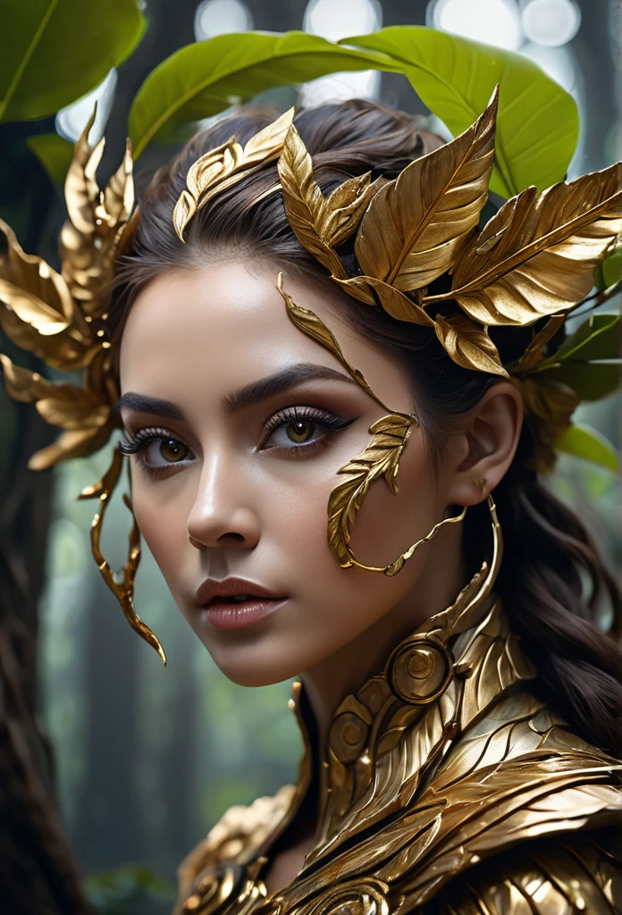 Surreal woman, mystery, Tree Woman, Ear, Nose and Throat, huge, Leaves, bark, Expressive eyes, character study, Golden Ratio, Extremely detailed, 8K resolution, photography, close up, Ultra Detailed, Like a dream, Woodcarving, complexd details, beautiful, rich deep colors masterpiece, Clear focus, Extremely detailed, Mumford and Waterhouse style, Golden Light, The award-winning, professional, Very detailed, complex, Volumetric Lighting, Gorgeous, masterpiece, Clear focus, Depth of Field, Perfect composition, Pixiv trends, Art Station, Photo-realistic, Movie, Stills, Shot in the style of a Sony Alpha A7 III camera