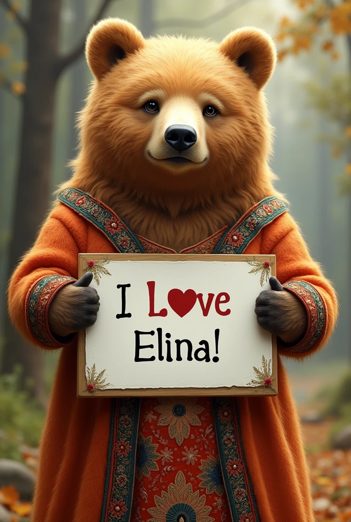 Beautiful bear , tatarian dress, holding a white board with text "I Love Elina" and showing it to the viewer