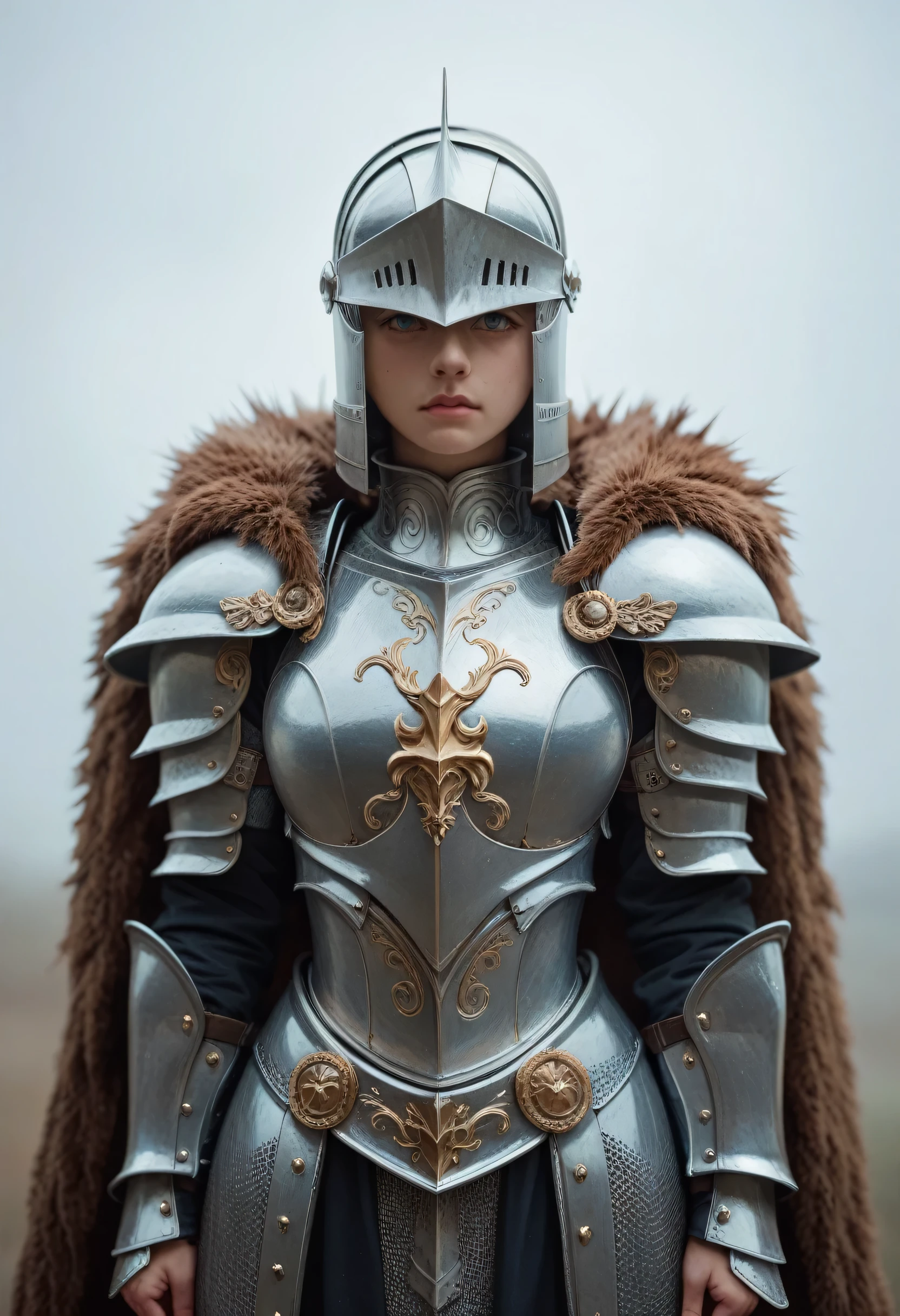 Artwork of full armored knight girl, ((dark armor)), fur cape, very detailed, masterpiece 